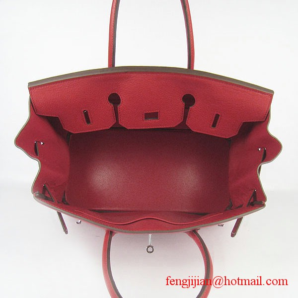 Hermes 35cm Embossed Veins Leather Bag Red 6089 Silver Hardware